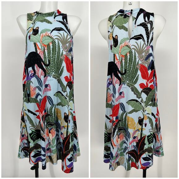 Anthropologie Dresses & Skirts - FARM Rio Tropical Halter Mini Dress XL Jungle Print Pockets Monkey Toucan Anthro